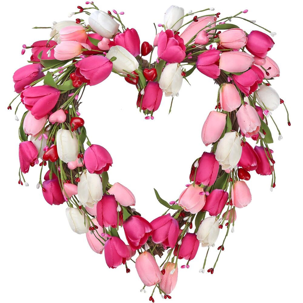 4325 19in Heart Shaped Pink & White Tulip Wreath for Valentine's Day